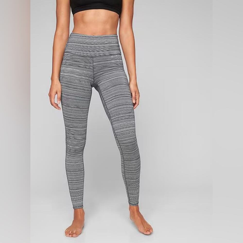 Athleta Black/Gray/White Striped "Chaturanga" Full-Length Leggings Size Medium